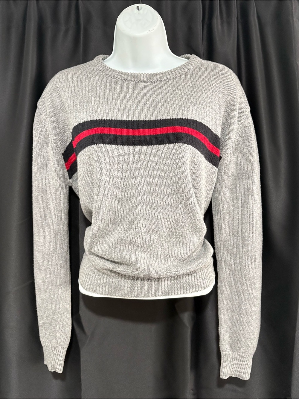 Woman’s Grey Crewneck Sweater with Red & Black Stripe